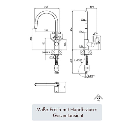 Systemceram Fresh Hochdruck-Küchenarmatur mit herausziehbarem Auslauf, 404 mm Höhe, 216 mm Ausladung, 360 Grad Schwenkbereich und 35 mm Hahnlochbohrung
