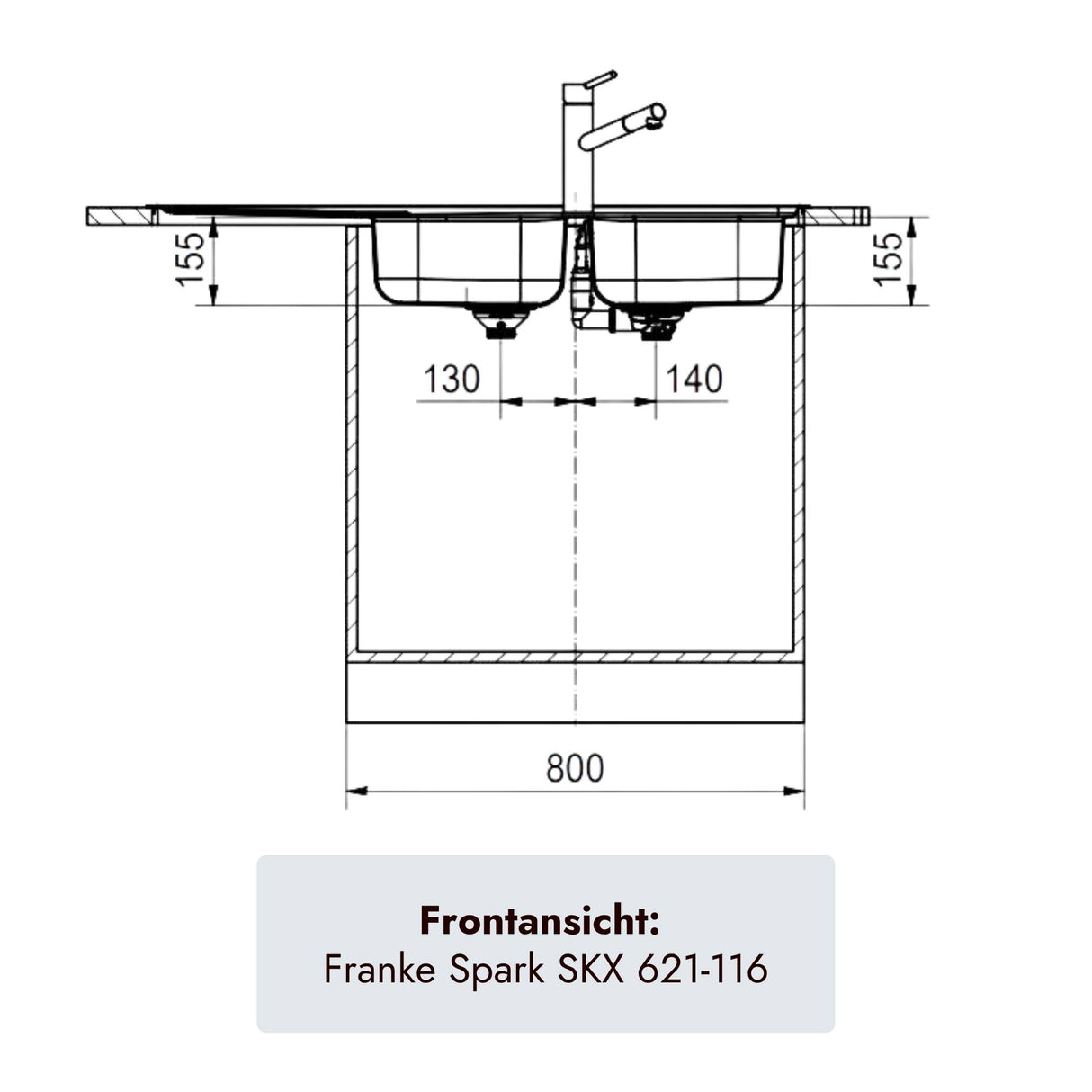 Franke Spark SKX 621-116 Doppelbecken-Spüle aus gebürstetem Edelstahl mit 155 mm Beckentiefe, 3½-Zoll-Ablauf und 800 mm Unterschrankmaß