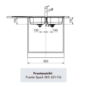 Franke Spark SKX 621-116 Doppelbecken-Spüle aus gebürstetem Edelstahl mit 155 mm Beckentiefe, 3½-Zoll-Ablauf und 800 mm Unterschrankmaß