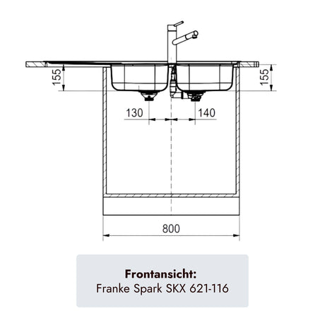Franke Spark SKX 621-116 Doppelbecken-Spüle aus gebürstetem Edelstahl mit 155 mm Beckentiefe, 3½-Zoll-Ablauf und 800 mm Unterschrankmaß