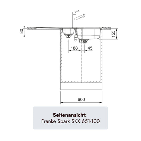Franke Spark SKX 651-100 Edelstahlspüle mit 1000 × 500 mm Außenmaß, 1,5 Becken und Abtropffläche