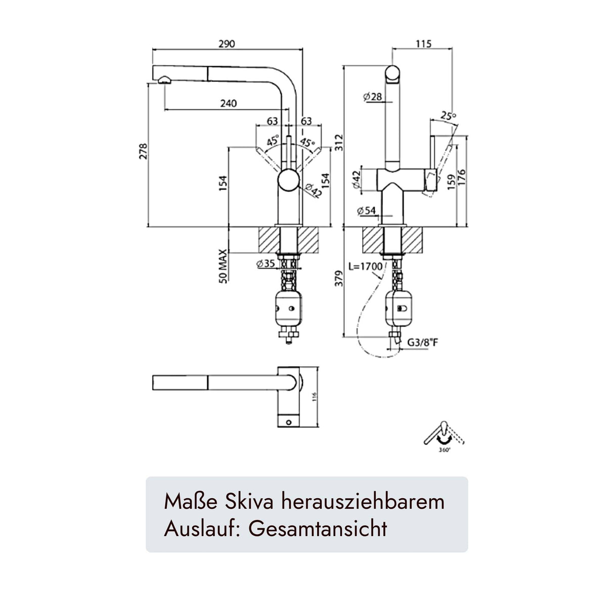 Systemceram Sila Küchenarmatur mit herausziehbarem Auslauf, 312 mm Höhe, 290 mm Tiefe und 360 Grad Schwenkbereich