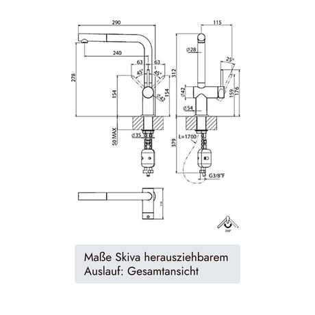 Systemceram Sila Küchenarmatur mit herausziehbarem Auslauf, 312 mm Höhe, 290 mm Tiefe und 360 Grad Schwenkbereich