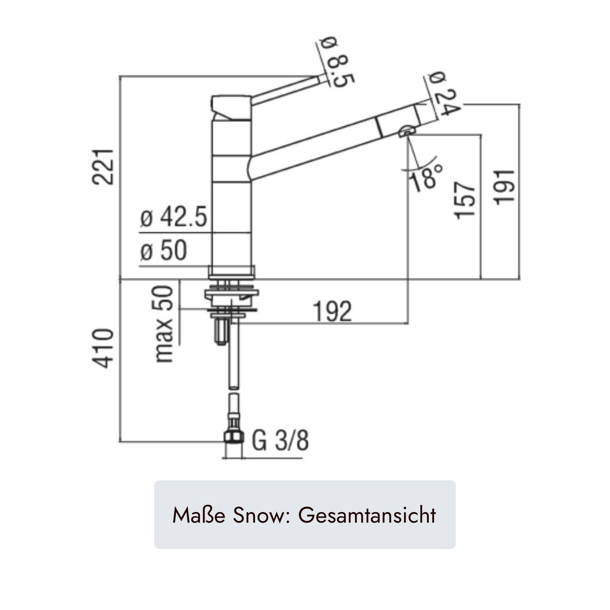 Systemceram Snow Küchenarmatur mit 410 mm Gesamthöhe, 221 mm Armaturenhöhe, 192 mm Ausladung, 157 mm Auslaufhöhe, Ø 24 mm Auslauf und G 3/8 Anschluss