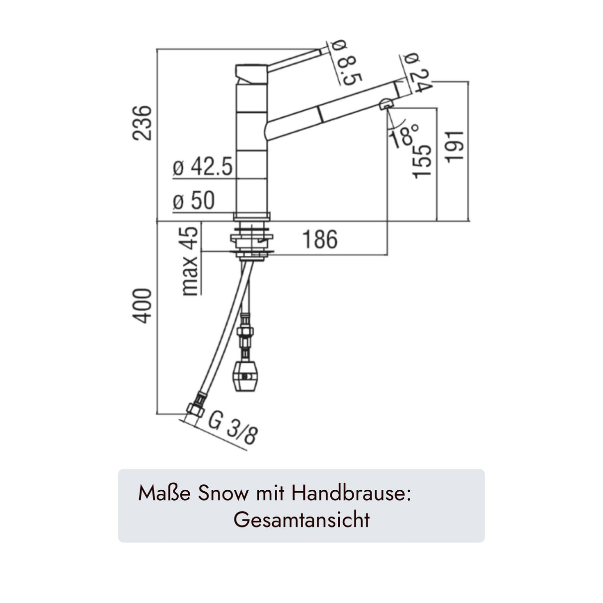 Systemceram Snow Küchenarmatur mit herausziehbarem Auslauf, 239 mm Armaturenhöhe, 186 mm Ausladung, 155 mm Auslaufhöhe, Ø 24 mm Auslauf, Ø 42,5 mm Armaturenkörper und G 3/8 Anschluss