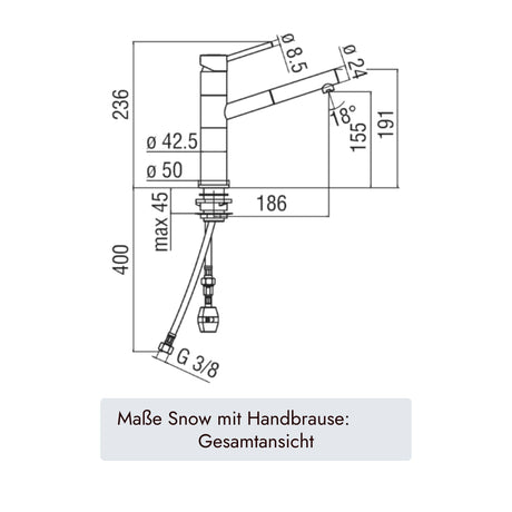 Systemceram Snow Küchenarmatur mit herausziehbarem Auslauf, 239 mm Armaturenhöhe, 186 mm Ausladung, 155 mm Auslaufhöhe, Ø 24 mm Auslauf, Ø 42,5 mm Armaturenkörper und G 3/8 Anschluss