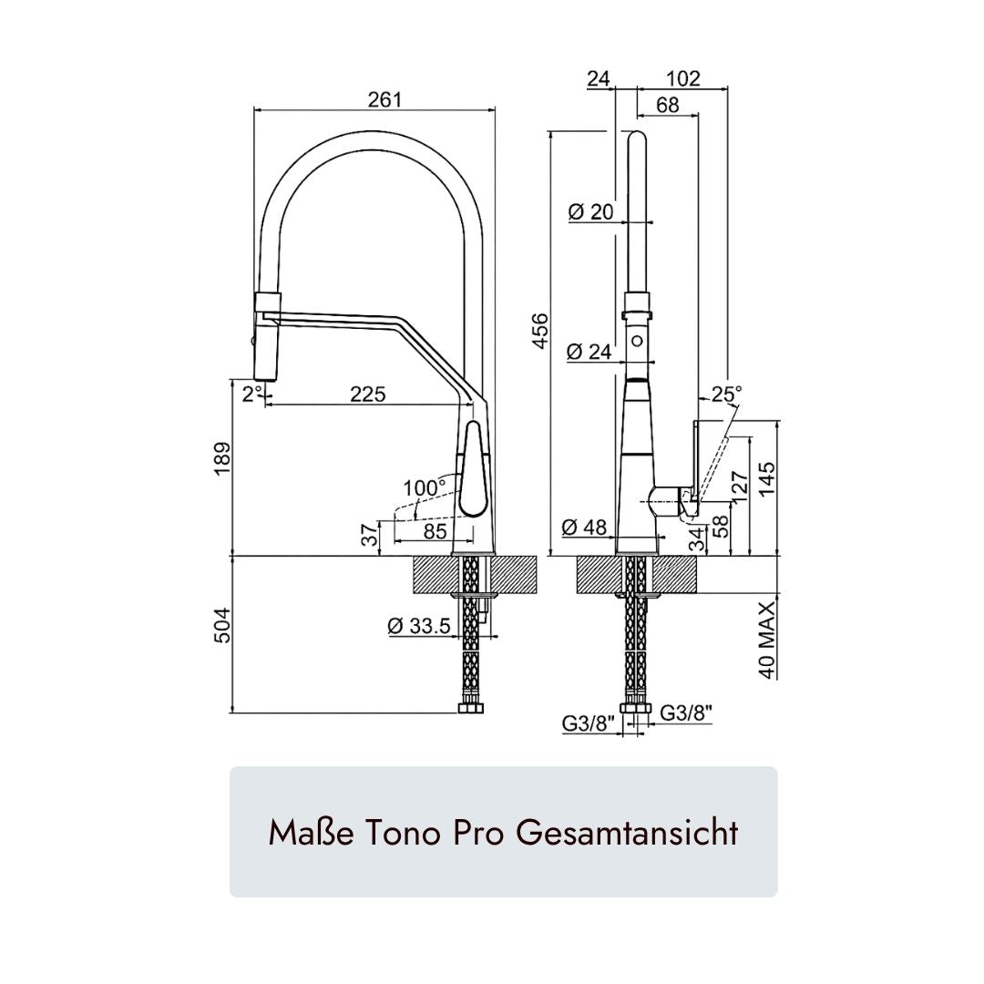 systemceram Tono Pro Küchenarmatur mit 456 mm Höhe, 225 mm Ausladung, 360° schwenkbarem Flexauslauf und Ø35-mm-Hahnlochmontage