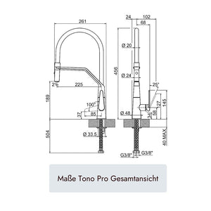 systemceram Tono Pro Küchenarmatur mit 456 mm Höhe, 225 mm Ausladung, 360° schwenkbarem Flexauslauf und Ø35-mm-Hahnlochmontage