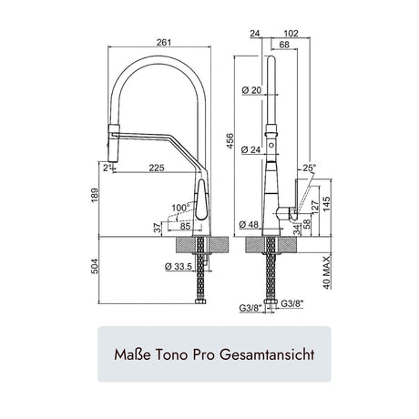systemceram Tono Pro Küchenarmatur mit 456 mm Höhe, 225 mm Ausladung, 360° schwenkbarem Flexauslauf und Ø35-mm-Hahnlochmontage