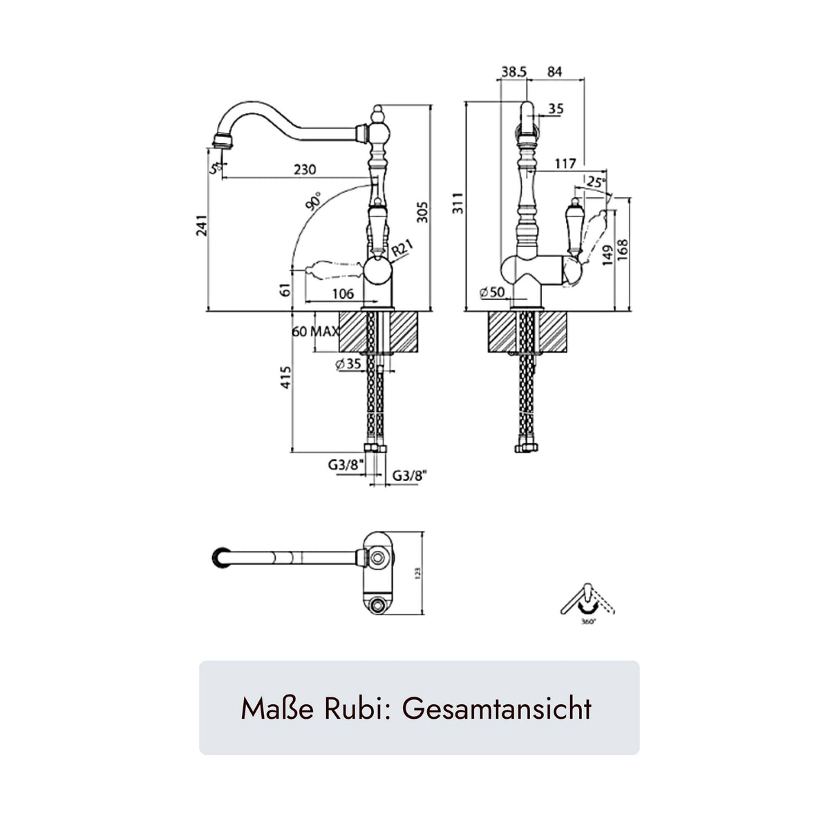 Systemceram Rubi Küchenarmatur mit 415 mm Gesamthöhe, 305 mm Ausladung, 230 mm Auslaufhöhe, 360 Grad Schwenkbereich, max. 60 mm Arbeitsplattenstärke und G 3/8 Anschluss