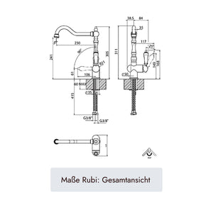 Systemceram Rubi Küchenarmatur mit 415 mm Gesamthöhe, 305 mm Ausladung, 230 mm Auslaufhöhe, 360 Grad Schwenkbereich, max. 60 mm Arbeitsplattenstärke und G 3/8 Anschluss