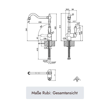 Systemceram Rubi Küchenarmatur mit 415 mm Gesamthöhe, 305 mm Ausladung, 230 mm Auslaufhöhe, 360 Grad Schwenkbereich, max. 60 mm Arbeitsplattenstärke und G 3/8 Anschluss