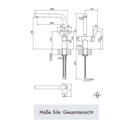 systemceram SILA Einhebelmischer mit 360° Schwenkbereich, Ø35-mm-Montagebohrung, G3/8"-Anschlüssen, Ø55-mm-Sockel und maximal 40 mm Plattenstärke