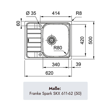 Franke Spark Einbauspüle 620 x 500 mm aus gebürstetem Edelstahl für 45er Unterschränke