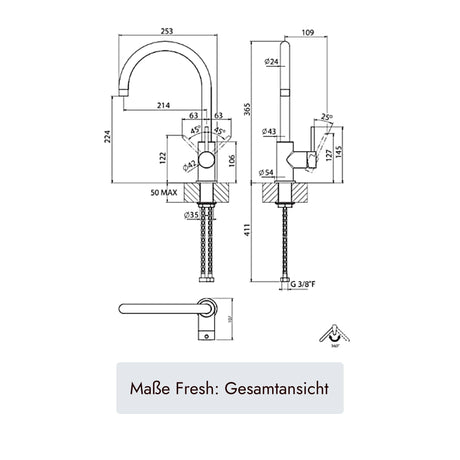 Systemceram Fresh Hochdruck-Küchenarmatur mit Festauslauf, 365 mm Höhe, 214 mm Ausladung und 360 Grad Schwenkbereich