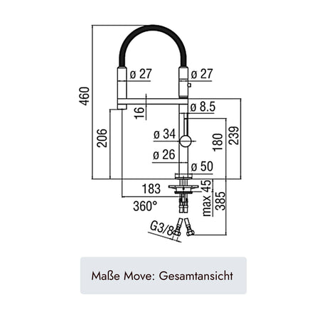 systemceram Move Küchenarmatur mit 460 mm Gesamthöhe, 183 mm Ausladung, 360° Schwenkbereich, Ø50 mm Sockel, Ø34 und Ø26 mm Bohrmaß sowie G3/8-Anschluss