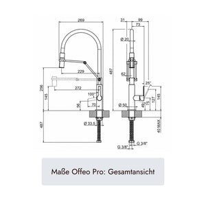 systemceram Offeo Pro Küchenarmatur mit 487 mm Gesamthöhe, 229 mm Ausladung, 269 mm Auslaufbreite, Ø33,5-mm-Montagebohrung, Ø50-mm-Sockel und G3/8-Anschluss