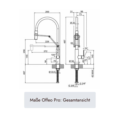 systemceram Offeo Pro Küchenarmatur mit 487 mm Gesamthöhe, 229 mm Ausladung, 269 mm Auslaufbreite, Ø33,5-mm-Montagebohrung, Ø50-mm-Sockel und G3/8-Anschluss