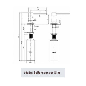 Technische Maßzeichnung systemceram Spülmittelspender SLIM mit 319 mm Gesamthöhe, 105 mm Ausladung und 300 ml Behälter