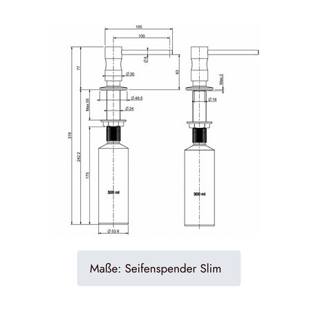 Technische Maßzeichnung systemceram Spülmittelspender SLIM mit 319 mm Gesamthöhe, 105 mm Ausladung und 300 ml Behälter