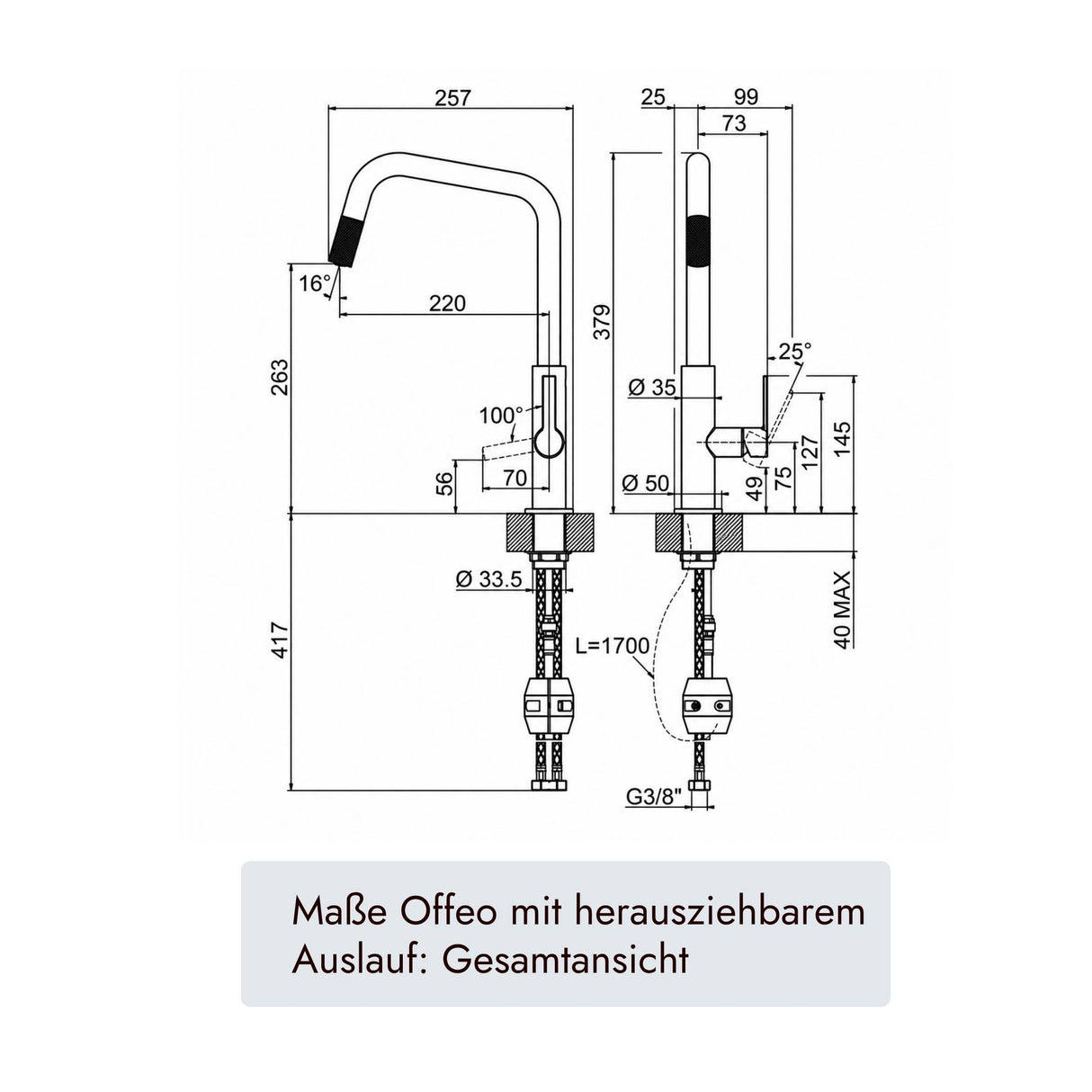 systemceram Offeo Küchenarmatur mit herausziehbarem Auslauf, 379 mm Gesamthöhe, 220 mm Ausladung, 257 mm Auslaufbreite, Ø33,5-mm-Montagebohrung und G3/8-Anschluss