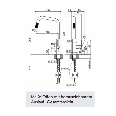 systemceram Offeo Küchenarmatur mit herausziehbarem Auslauf, 379 mm Gesamthöhe, 220 mm Ausladung, 257 mm Auslaufbreite, Ø33,5-mm-Montagebohrung und G3/8-Anschluss