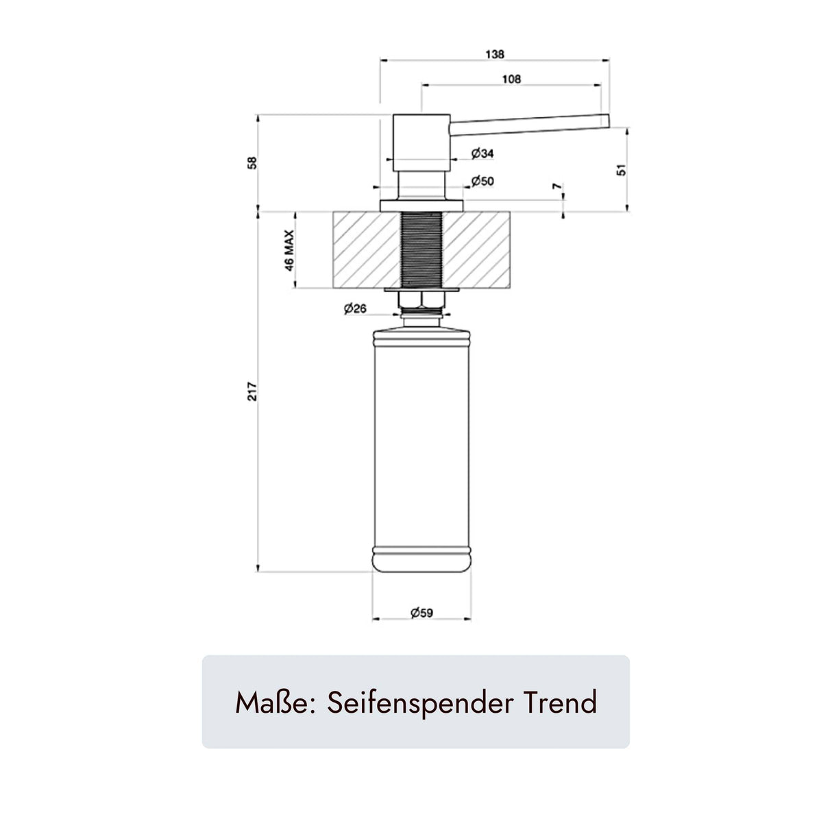 Technische Maßzeichnung systemceram Spülmittelspender TREND Neu mit 138 mm Ausladung, 217 mm Gesamthöhe, Ø 34 mm Einbaumaß und Ø 59 mm Behälter