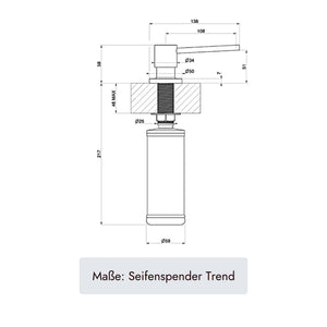 Technische Maßzeichnung systemceram Spülmittelspender TREND Neu mit 138 mm Ausladung, 217 mm Gesamthöhe, Ø 34 mm Einbaumaß und Ø 59 mm Behälter