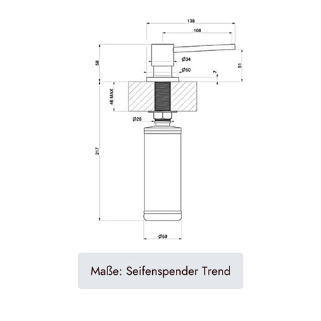 Technische Maßzeichnung systemceram Spülmittelspender TREND Neu mit 138 mm Ausladung, 217 mm Gesamthöhe, Ø 34 mm Einbaumaß und Ø 59 mm Behälter