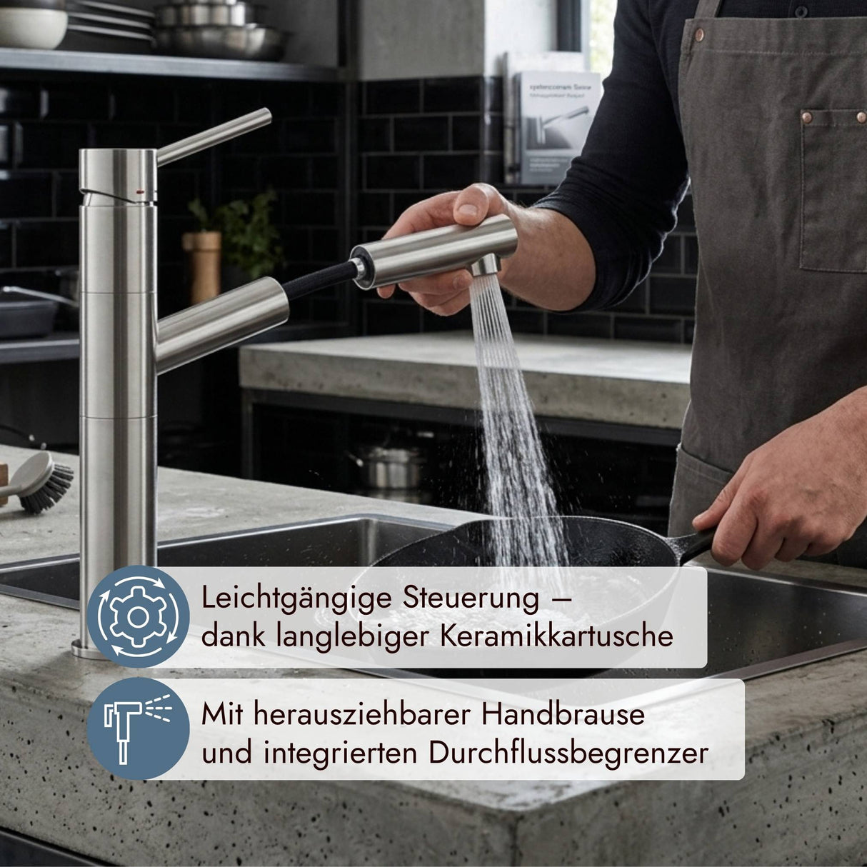 Hochwertige Systemceram Snow Armatur mit herausziehbarem Auslauf passend zu Keramikspülen