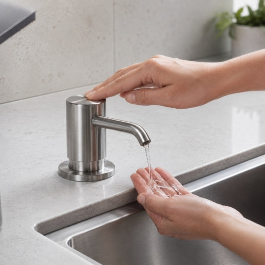 Hand drückt auf einen hochwertigen metallenen Spülmittelspender in einer modernen Küche