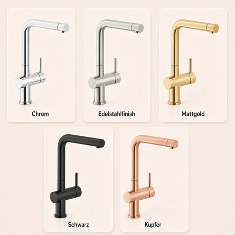 systemceram SILA Küchenarmatur erhältlich in Chrom, Edelstahlfinish, Schwarz, Mattgold und Kupfer