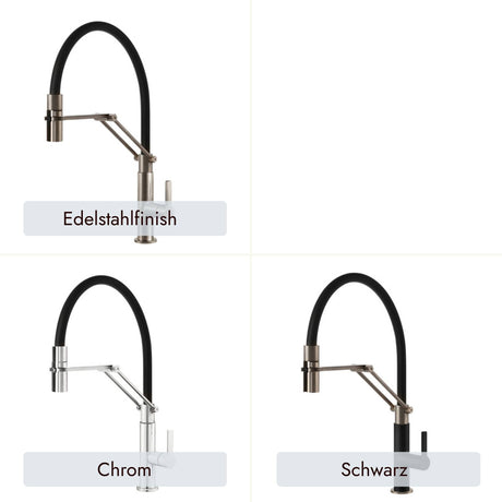 systemceram Offeo Pro Küchenarmatur als hochwertige Lösung für anspruchsvolle Küchenplanungen. Erhältlich in den Farben Chrom, Schwarz und mit Edelstahlfinish