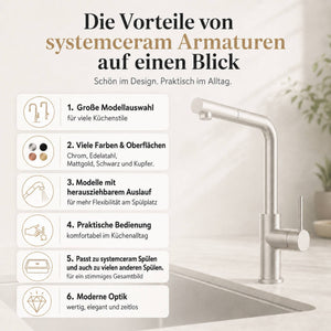 Infografik zu den Vorteilen von systemceram Armaturen mit moderner Küchenarmatur, Modellvielfalt, verschiedenen Oberflächen, herausziehbarem Auslauf, praktischer Bedienung und passender Kombination mit systemceram Spülen.