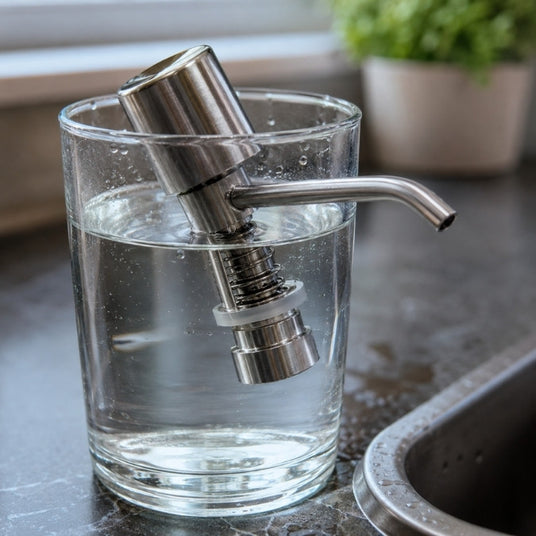 Der Pumpenkopf eines Spülmittelspenders wird zur Reinigung der Mechanik in einem Becher mit warmem Wasser durchgespült.
