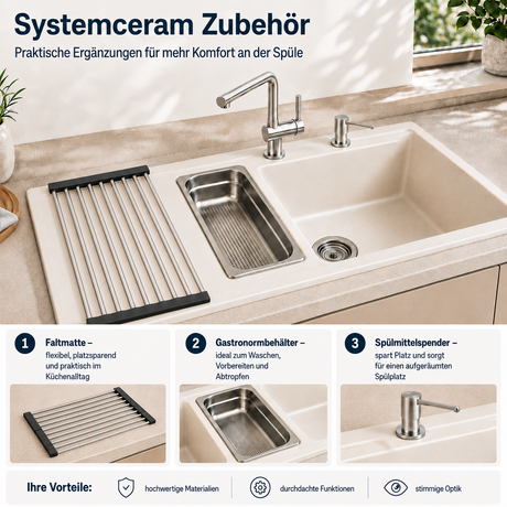 Praktisches systemceram Zubehör mit Faltmatte, Gastronormbehälter und Spülmittelspender für Vorbereitung, Abtropfen und Ordnung