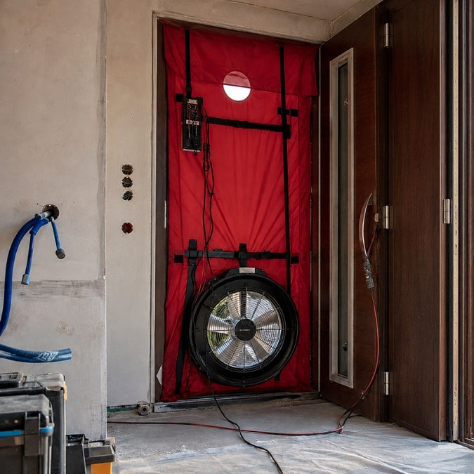 Durchführung einer Blower-Door-Messung im Wohnhaus zur Überprüfung der luftdichten Gebäudehülle.