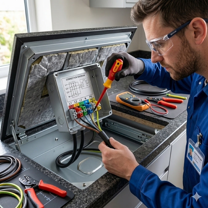 Fachgerechter elektrischer Anschluss eines Induktionskochfeldes an die Herdanschlussdose.