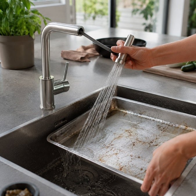 Nutzung des flexiblen Zugauslaufs einer Falmec Küchenarmatur zum Reinigen eines Backblechs.