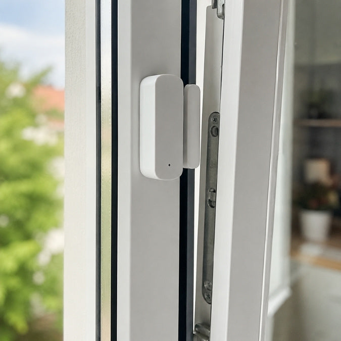 Am Küchenfenster montierter Funk-Fensterkontaktschalter für den sicheren Betrieb der Ablufthaube.