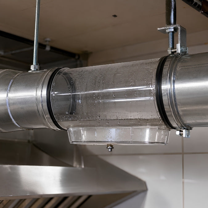 In die Abluftleitung integrierter Kondensatwasserabscheider zum Schutz des Dunstabzug-Motors.