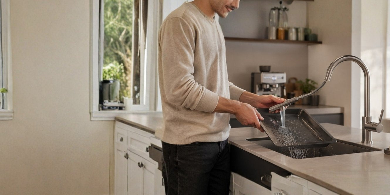 Ausziehbare Küchenarmatur mit Schlauchbrause beim flexiblen Reinigen eines Backblechs im Spülbecken