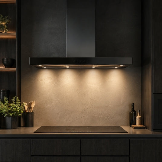 Perfekt und gleichmäßig ausgeleuchtete Kochstelle durch die integrierten LED-Spots einer Premium-Dunstabzugshaube am Abend.
