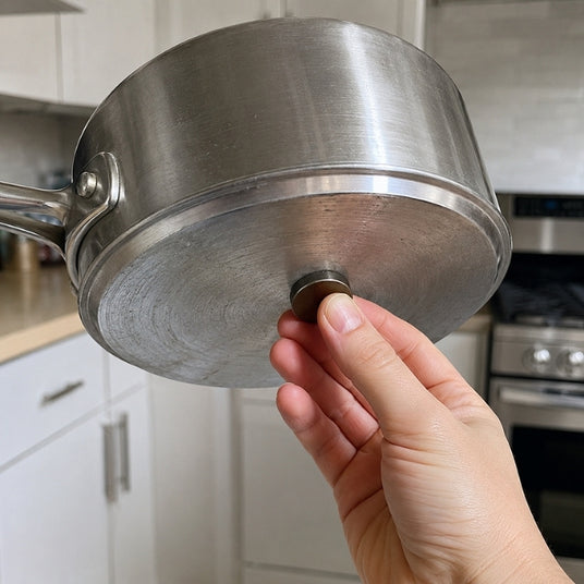 Durchführung des Magnet-Tests an einem Topfboden zur Überprüfung der Induktionstauglichkeit.