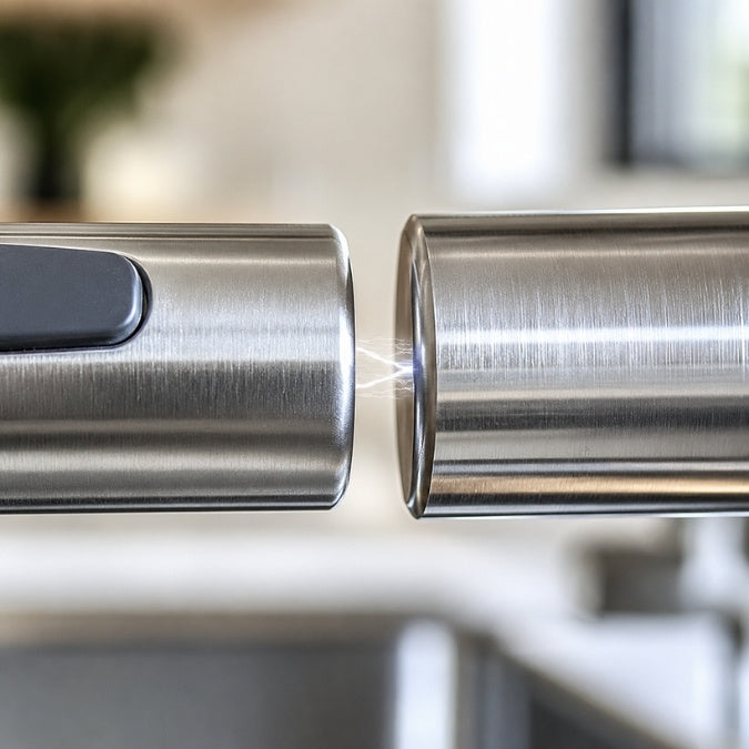 Nahaufnahme der präzisen magnetischen Rückführung eines ausziehbaren Küchenbrausekopfes.