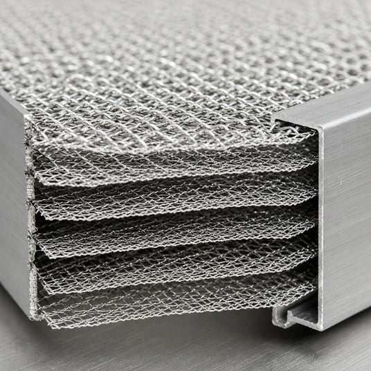 Nahaufnahme der engmaschigen Gewebestruktur eines hochwertigen, mehrlagigen Metall-Fettfilters.