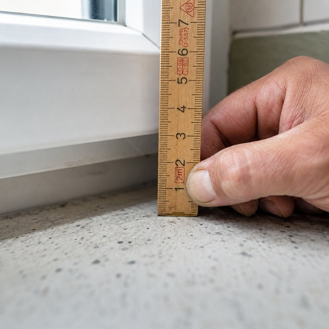 Präzises Ausmessen der verbleibenden Resthöhe zwischen Arbeitsplatte und Fensterflügel mit einem Zollstock.