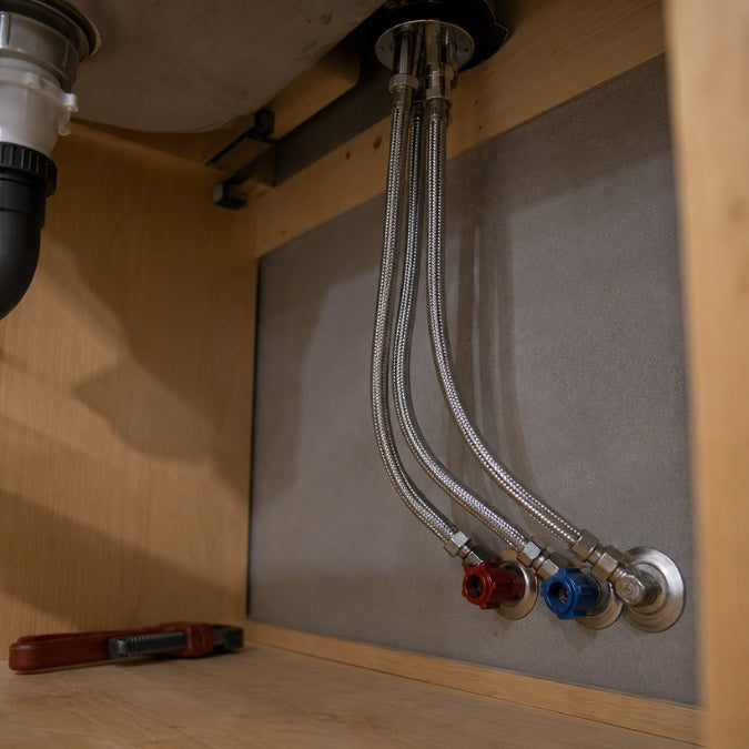 Drei Flexschläuche einer Niederdruckarmatur fachgerecht am Untertisch-Boiler im Schrank installiert.