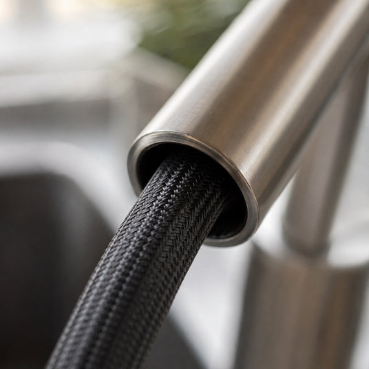 Nahaufnahme eines hochwertigen Nylon-Gewebeschlauchs beim geräuschlosen Herausziehen aus der Küchenarmatur.