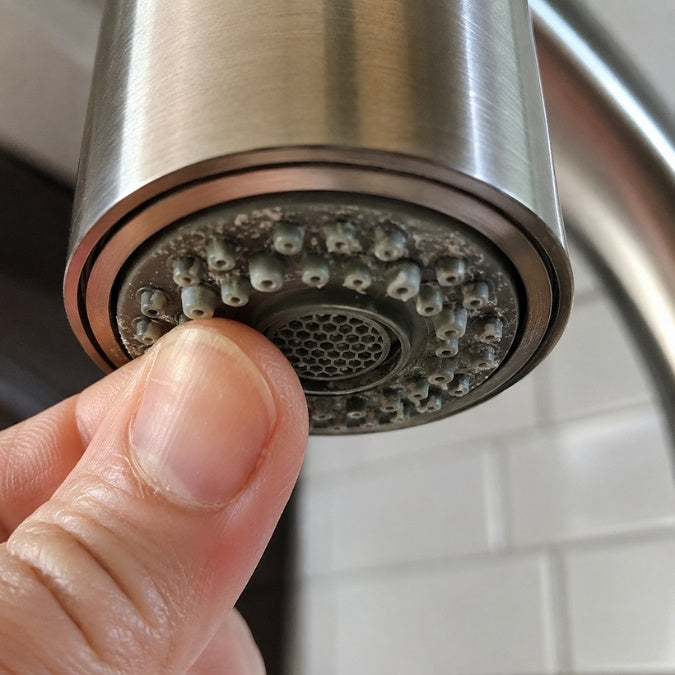 Einfaches Freirubbeln der flexiblen Silikondüsen an einer Küchenarmatur zur schnellen Kalkentfernung.